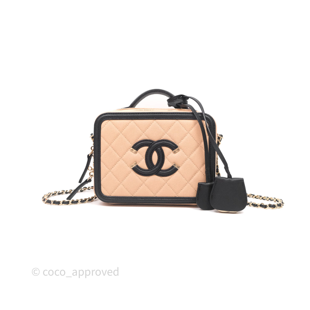 Chanel Quilted New Small CC Filigree Vanity Case Beige Caviar Gold Hardware