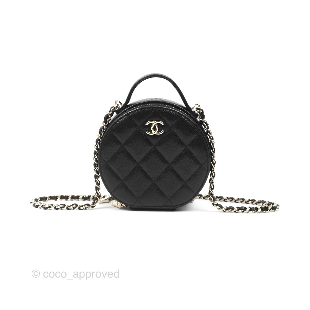 Chanel Mini Round Vanity Bag Handle With Care Black Caviar Gold Hardware