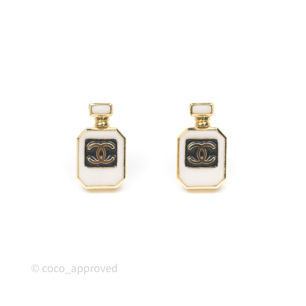 Chanel CC White Perfume Bottle Earrings Gold Tone 25C