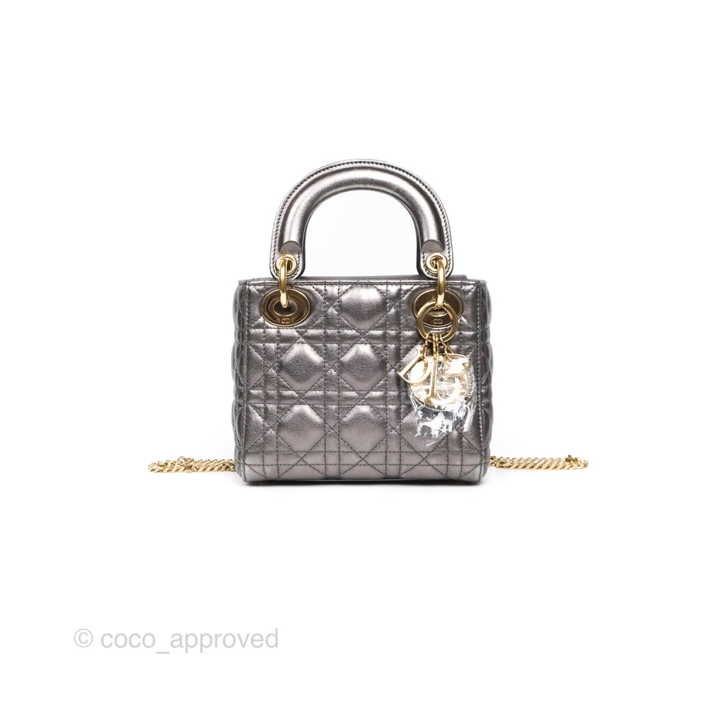 Christian Dior Mini Lady Dior Metallic Dark Grey Lambskin Cannage Gold Hardware