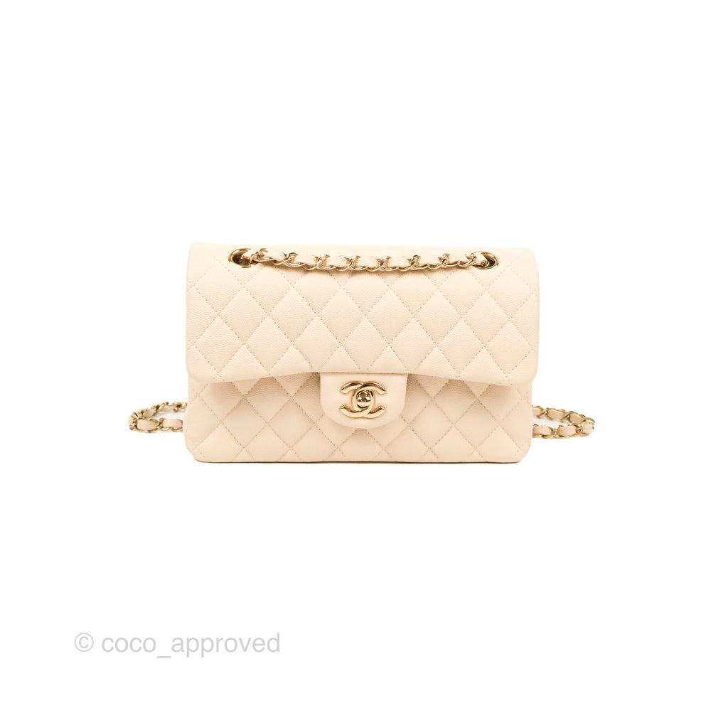 Chanel Small Classic Quilted Flap Light Oat Beige Caviar Gold Hardware