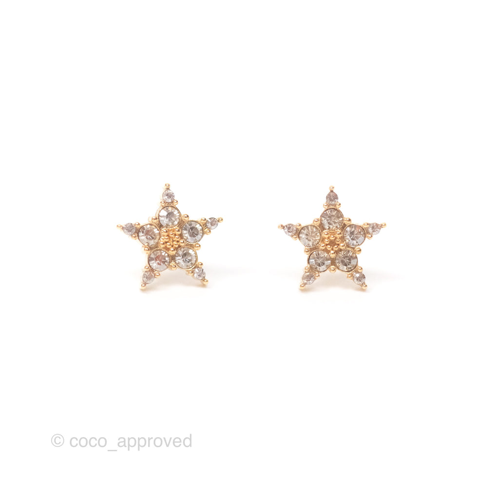 Christian Dior Crystal Star Drop Clover Earrings Gold Tone 