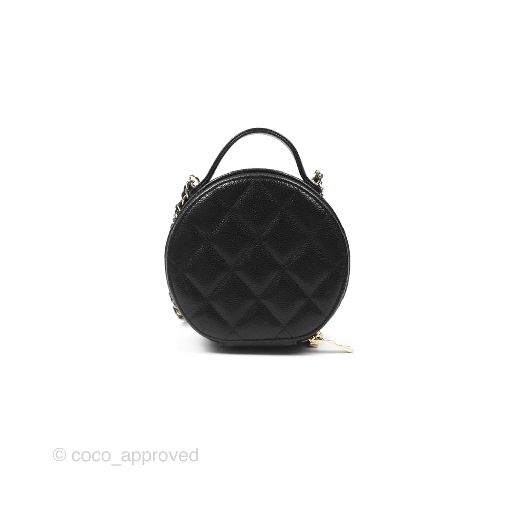 Chanel Mini Round Vanity Bag Handle With Care Black Caviar Gold Hardware