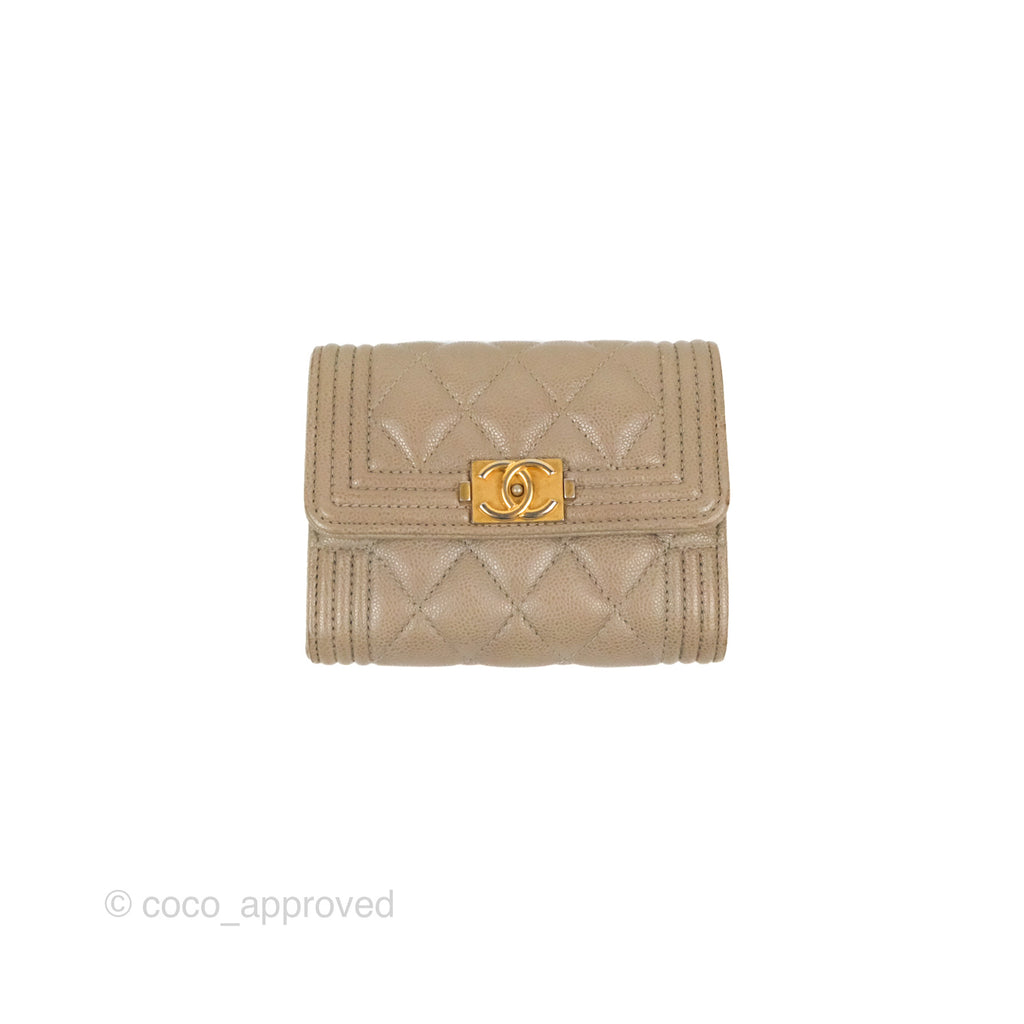 Chanel Quilted Boy Flap Card Holder Taupe Grey Caviar Aged Gold Hardware