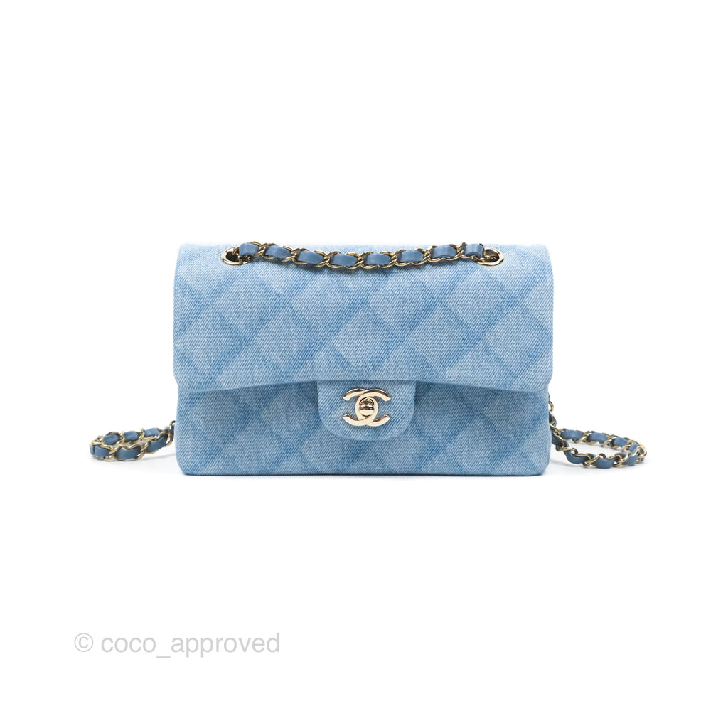 Chanel Quilted Small Double Flap Blue Printed Denim Gold Hardware