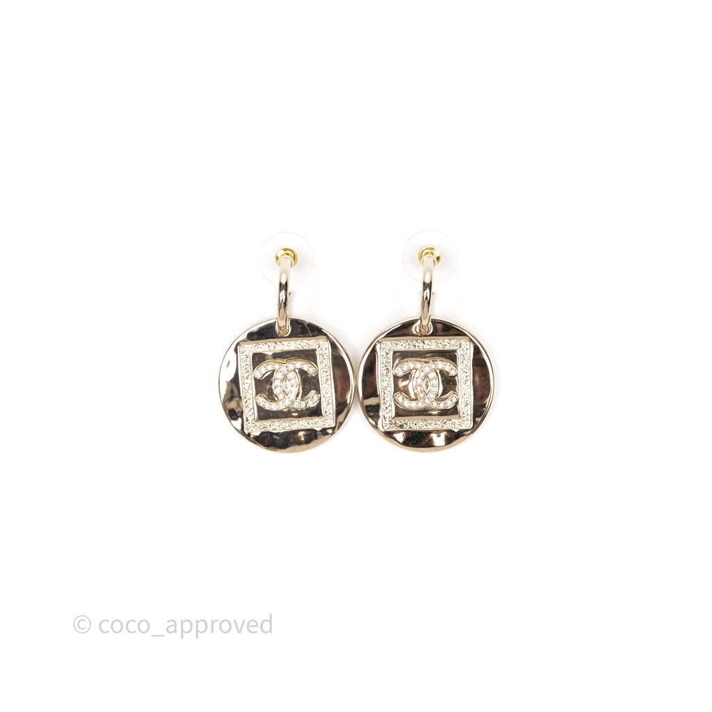 Chanel Crystals CC Round Drop Earrings Gold Tone 23P