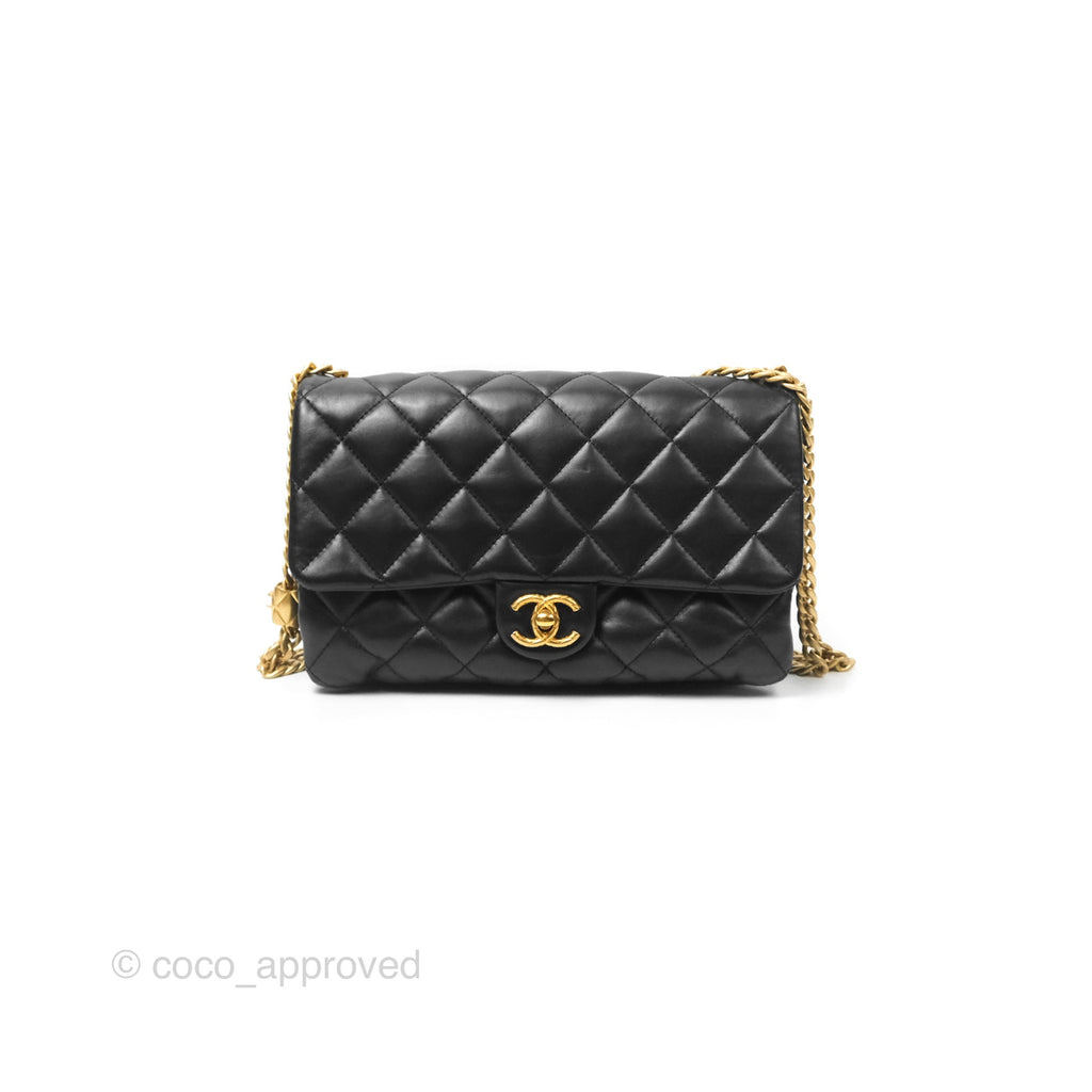 Chanel Flap Bag with Adjustable Strap Black Lambskin Aged Gold Hardware 22K