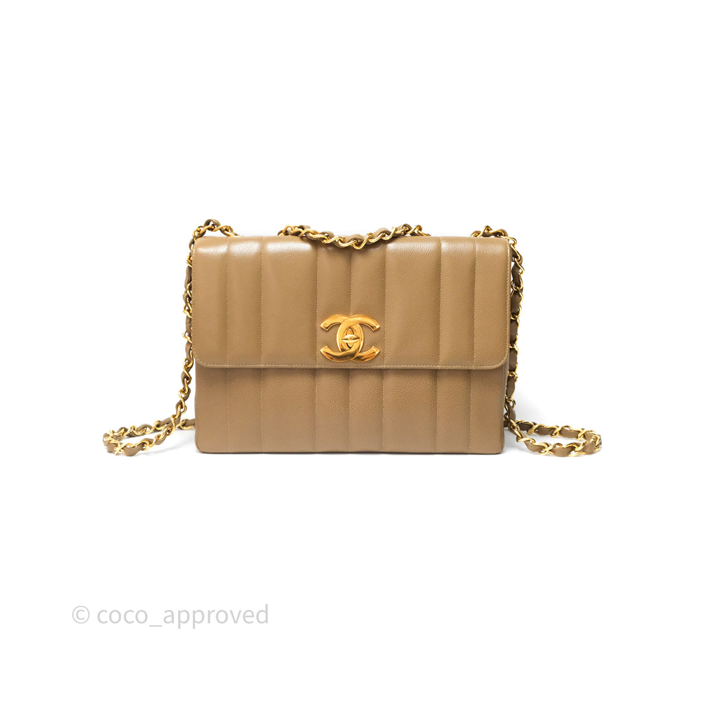 Chanel Vintage Vertical Quilted Jumbo Single Flap Beige Caviar 24K Gold Hardware