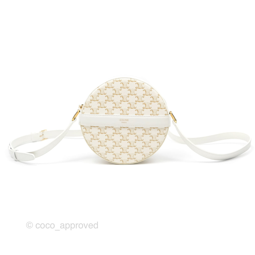 Celine Round Purse on Strap Triomphe Canvas White Calfskin