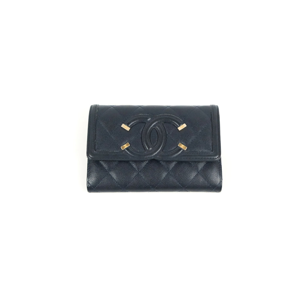 Chanel CC Filigree Small Flap Wallet Navy Caviar Gold Hardware