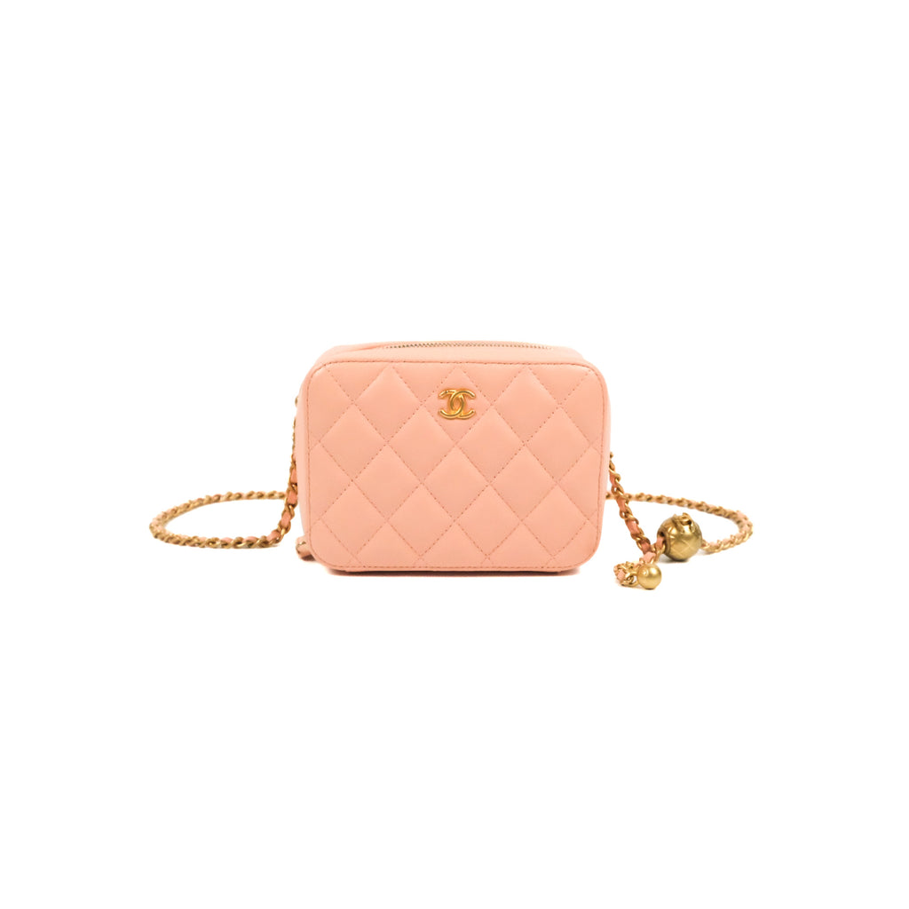 Chanel Mini Pearl Crush Quilted Camera Case Beige Pink Lambskin Aged Gold Hardware