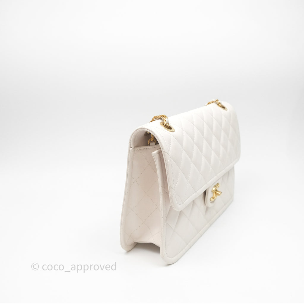Chanel Large Quilted Sweet Classic Flap White Caviar Aged Gold Hardware
