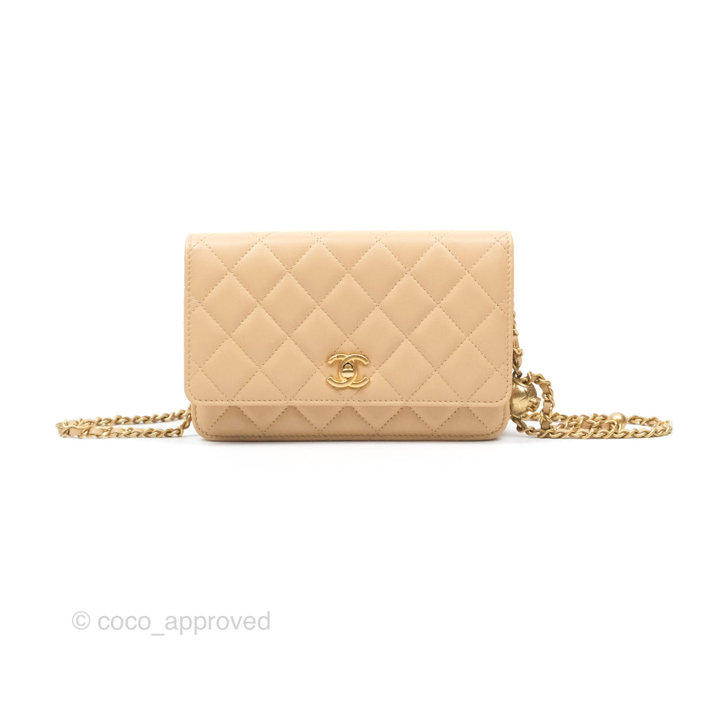 Chanel Quilted Pearl Crush Wallet on Chain WOC Beige Lambskin Aged Gold Hardware