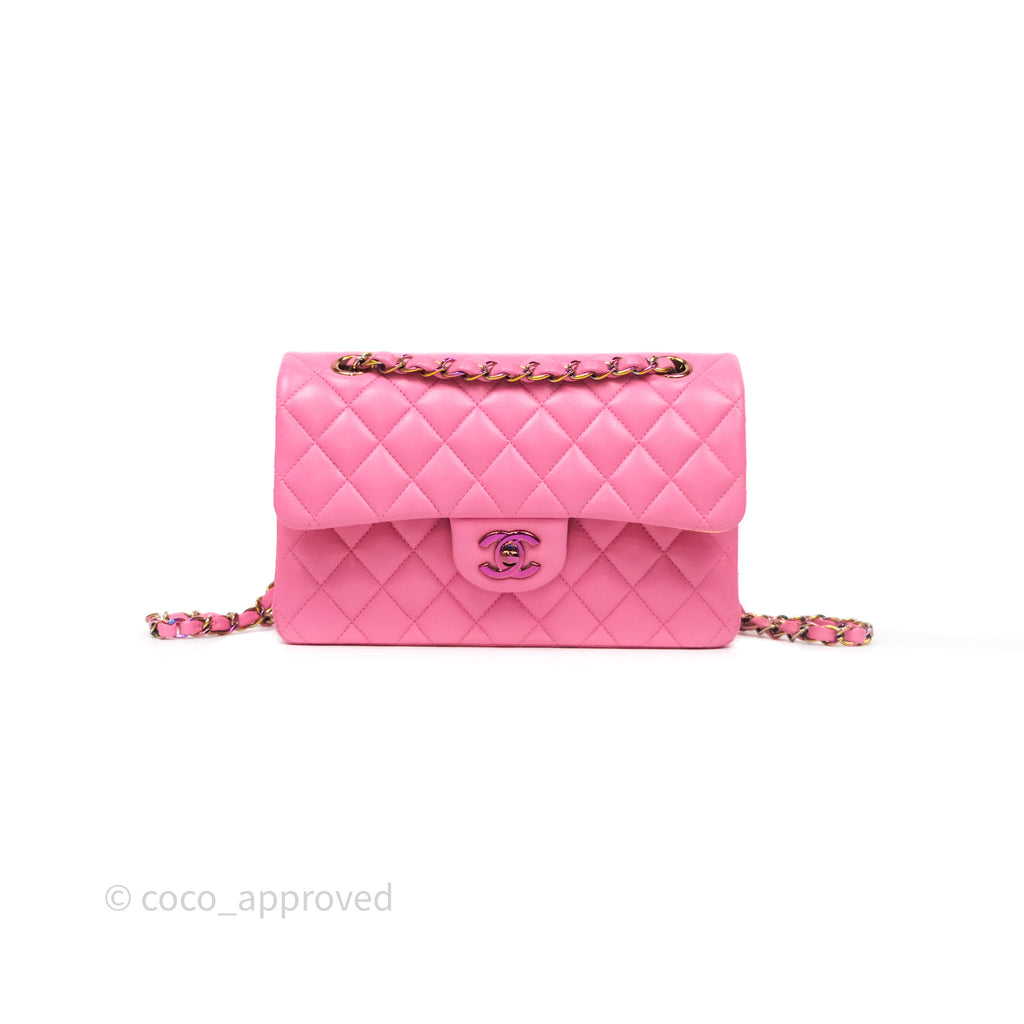 Chanel Small Classic Flap Quilted Pink Lambskin Rainbow Hardware