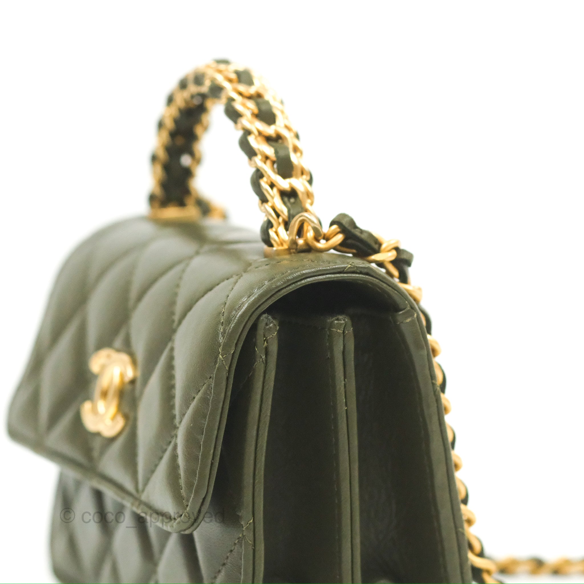 Chanel Top Handle Clutch With Chain Army Green Lambskin Aged Gold