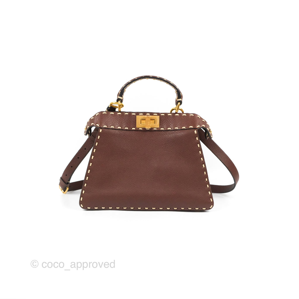 Fendi Peekaboo Iseeu Contrast Stitch Brick Brown Grained Leather Gold Hardware