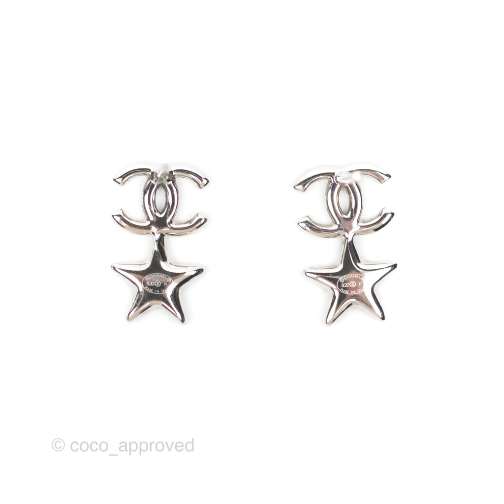 Chanel Crystal CC Star Earrings Silver Tone 20P