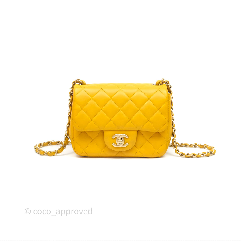 Chanel Mini Square Flap Quilted Yellow Lambskin Gold Hardware
