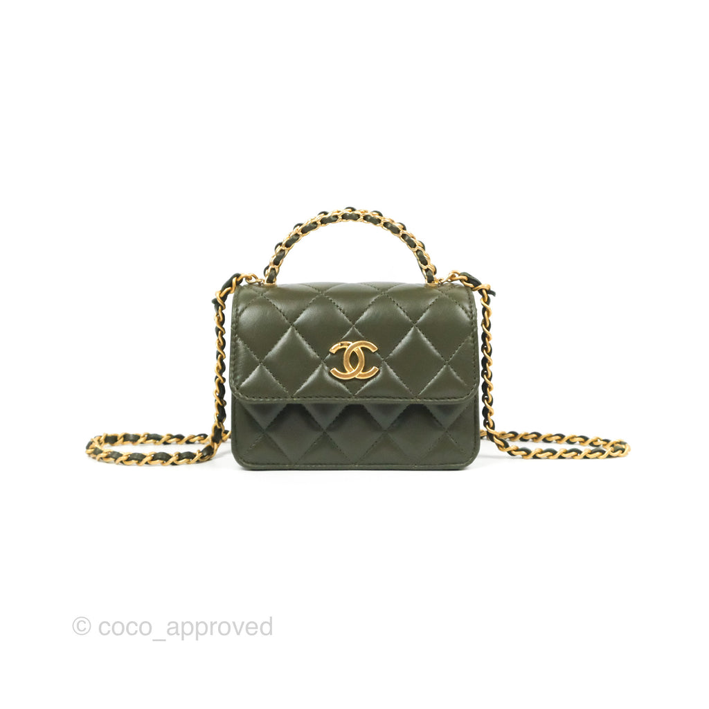 Chanel Top Handle Clutch With Chain Army Green Lambskin Aged Gold Hardware