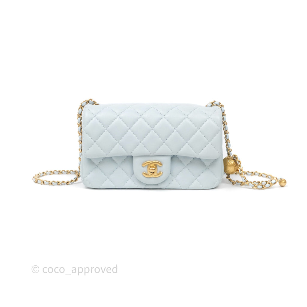 Chanel Pearl Crush Mini Rectangular Light Blue Lambskin Aged Gold Hardware