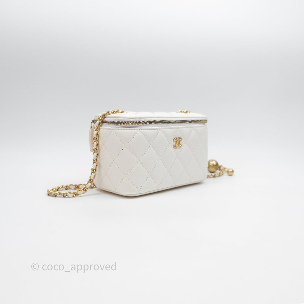 Chanel Pearl Crush Vanity With Chain White Lambskin Aged Gold Hardware
