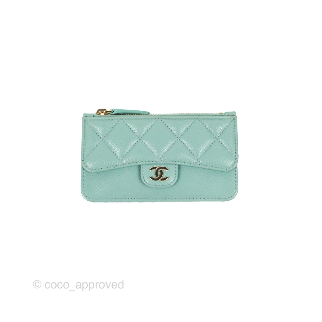 Chanel Quilted Zip Flap Card Holder Tiffany Blue Caviar Gold Hardware 