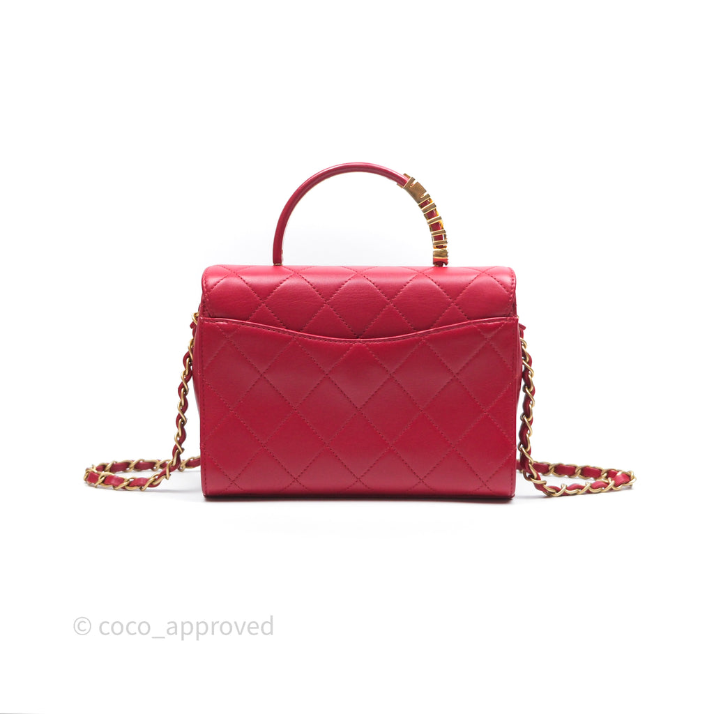 Chanel Quilted Flap Bag  with Pearl Logo Top Handle Red Lambskin Aged Gold Hardware
