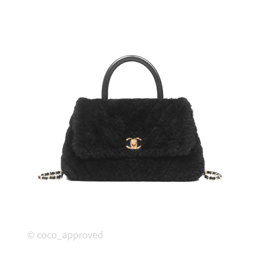Chanel Small Coco Handle Shearling Black Gold Hardware