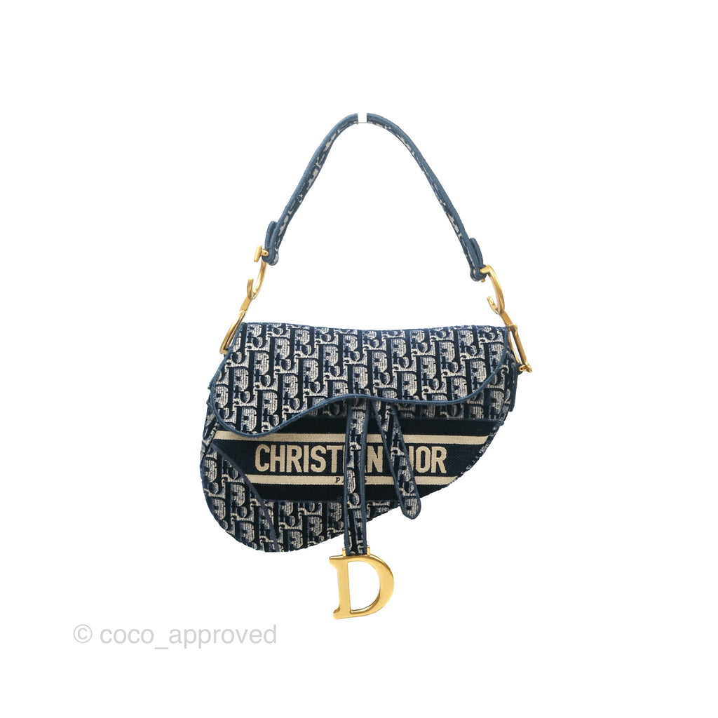 Christian Dior Saddle Bag Velvet Navy Dior Oblique Embroidery Gold Hardware