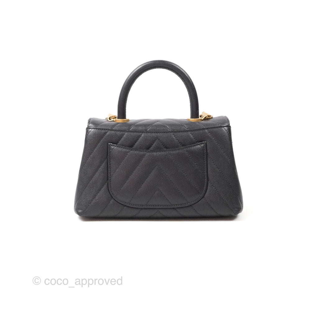 Chanel Small Coco Handle Chevron Dark Grey Caviar Aged Gold Hardware