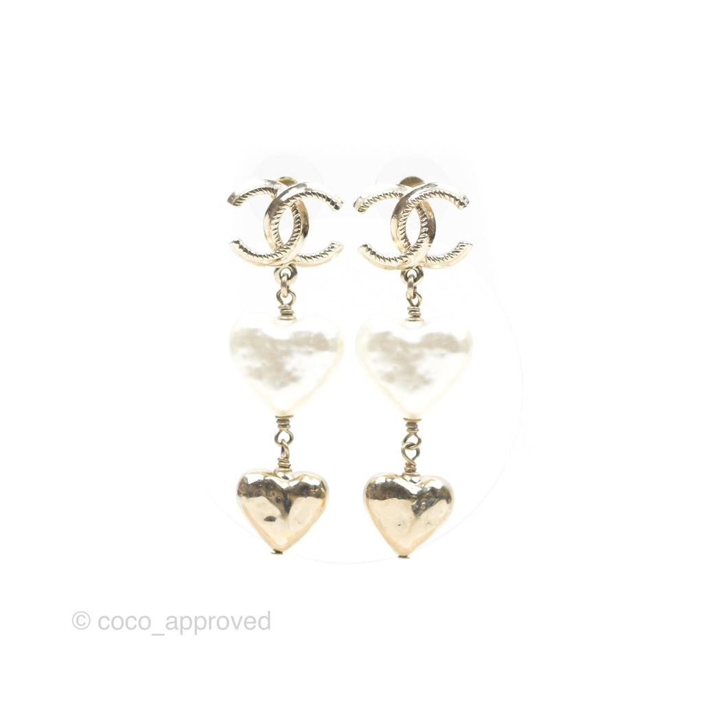 Chanel CC Pearl Heart Drop Earrings Gold Tone 22C