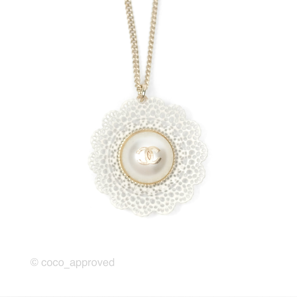 Chanel Pearl CC Lace Flower Necklace Gold Tone 15K
