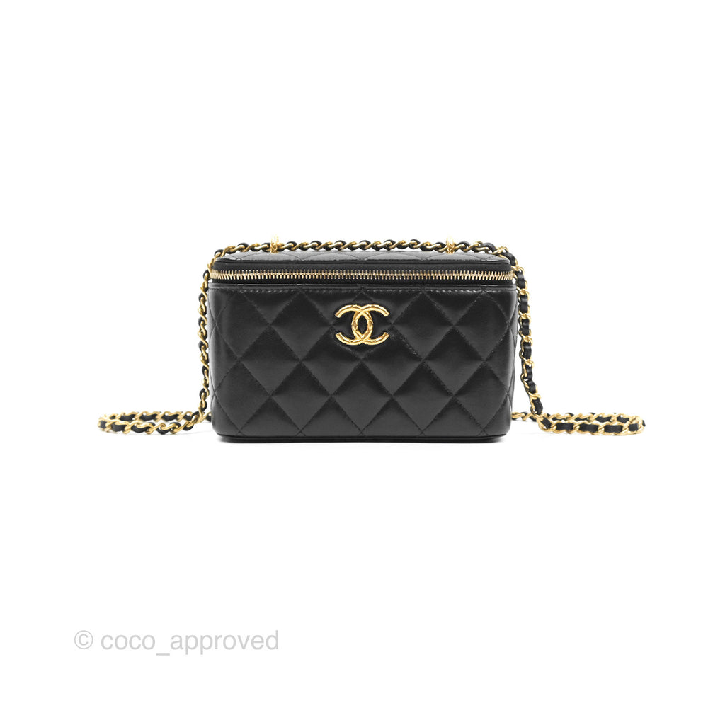 Chanel Vanity with Double Chain Black Shiny Crumpled Calfskin Gold Hardware 23S