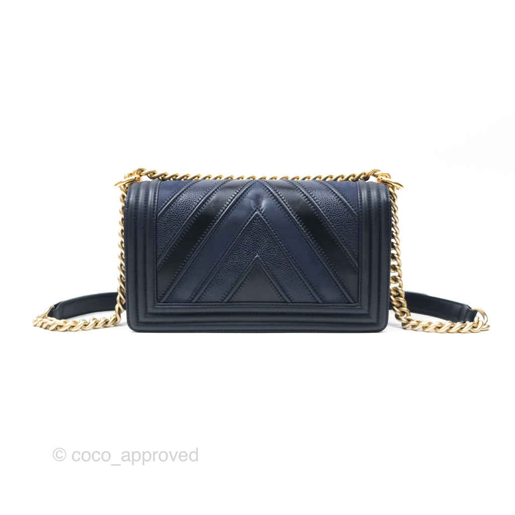 Chanel Medium Boy Chevron Navy Caviar/ Calfskin/ Suede Aged Gold Hardware