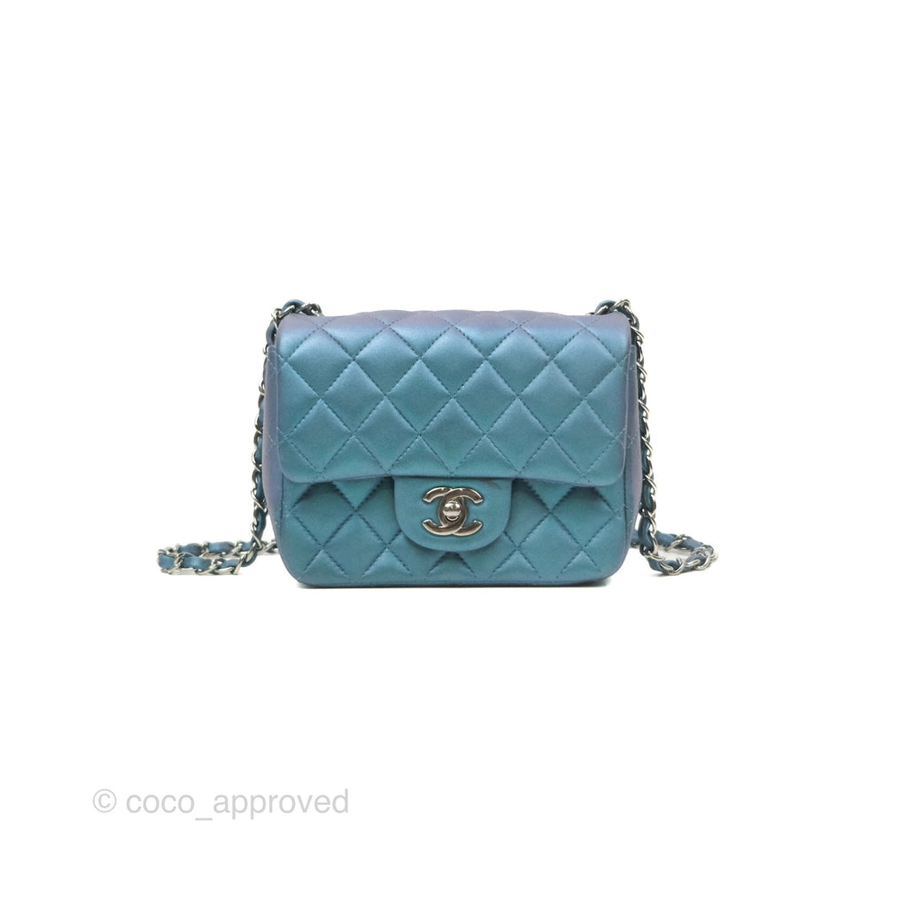 Chanel Mini Square Flap Quilted Iridescent Teal Lambskin Gun Metal