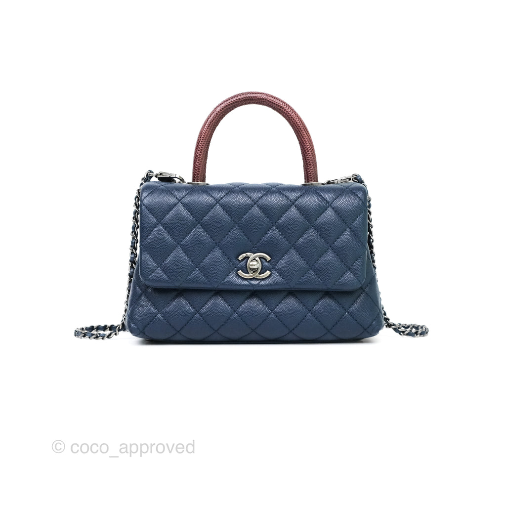 Chanel Small Coco Handle Navy Caviar Ruthenium Hardware Lizard Handle