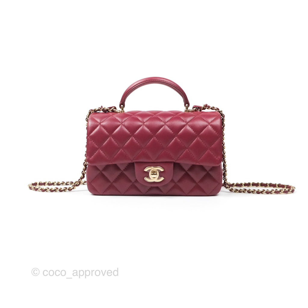 Chanel Top Handle Mini Rectangular Flap Bag Burgundy Red Lambskin Gold Hardware