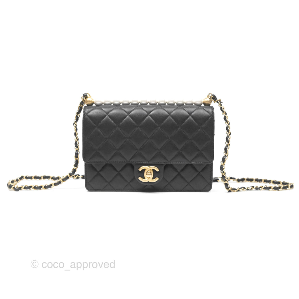 Chanel Small Chic Pearls Flap Quilted Black Goatskin Aged Gold Hardware