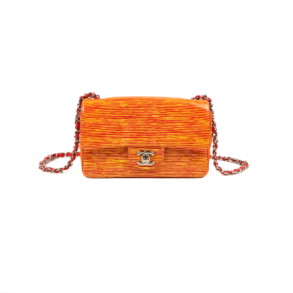 Chanel Mini Rectangular Flap Bag Orange Red Striped Patent Silver