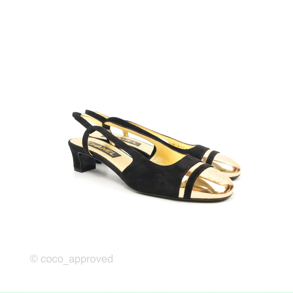 Chanel CC Slingback Heels Black Gold Size 37