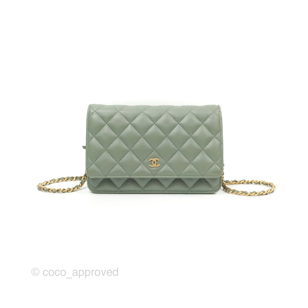 Chanel Classic Quilted Wallet On Chain WOC Glitter Dark Tiffany Green Caviar Aged Gold Hardware