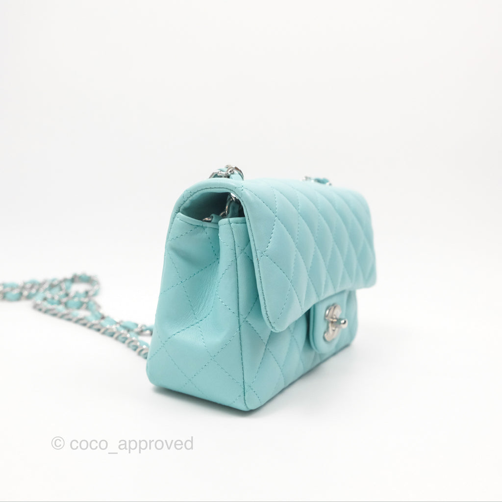 Chanel Quilted Mini Rectangular Flap Tiffany Blue Lambskin Silver Hardware