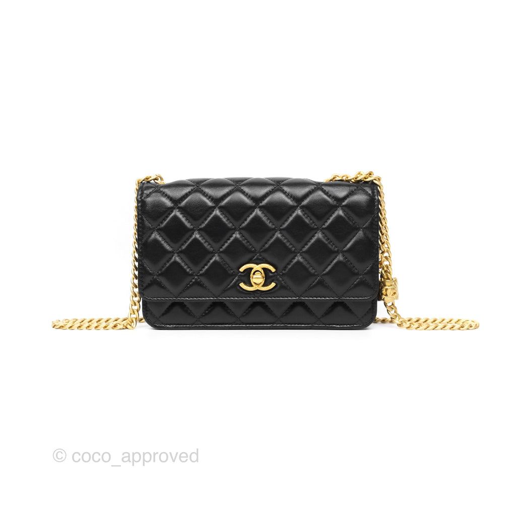 Chanel All Slide Wallet on Chain WOC Adjustable Chain Quilted Black Lambskin 22K