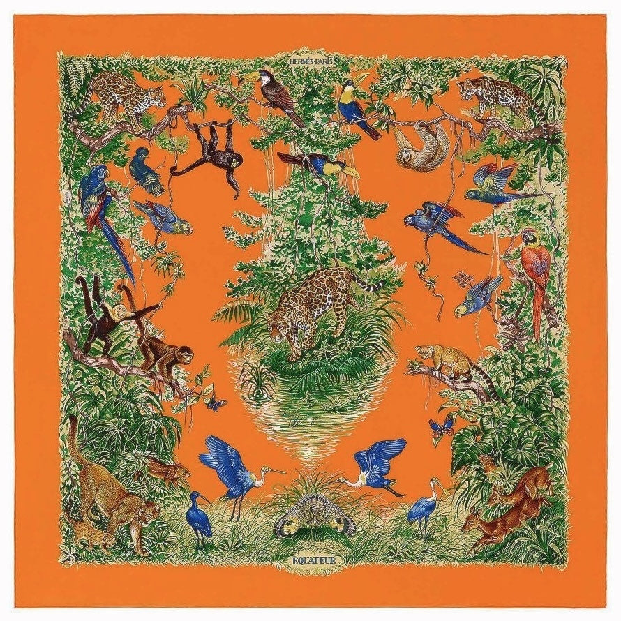 Hermes Equateur Wash Scarf Silk 90 Orange/ Vert/ Bleu