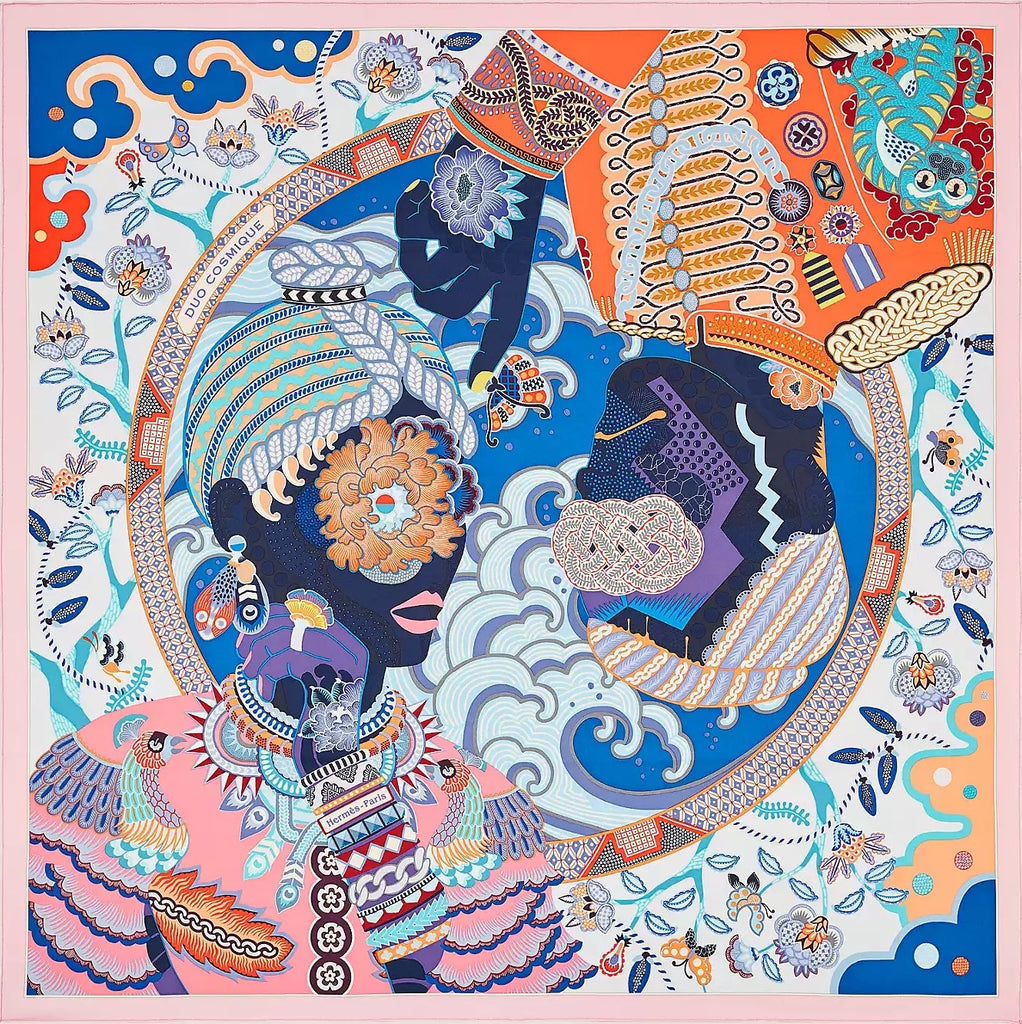 Hermes Duo Cosmique Scarf 90 Rose Pale/ Bleu/ Orange
