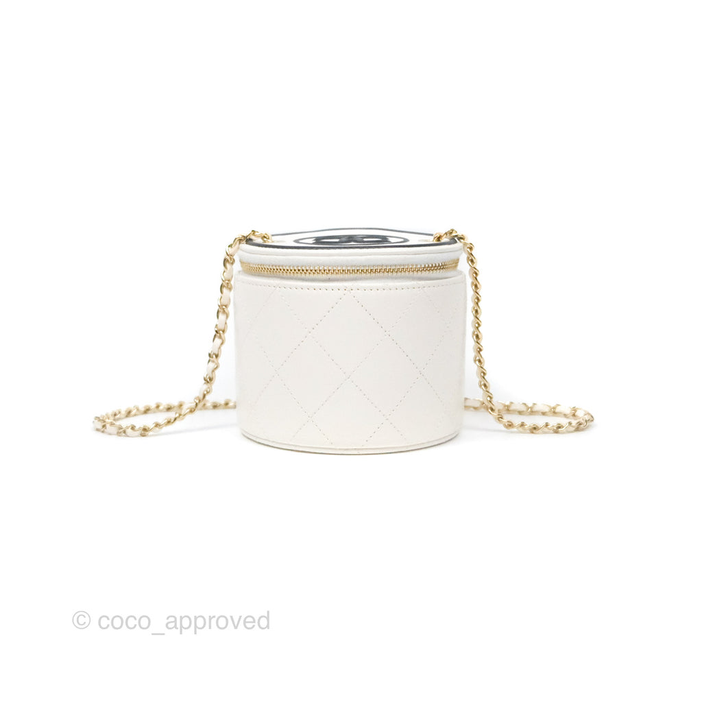 Chanel CC Quilted Round Vanity Clutch With Chain White Lambskin Gold Hardware