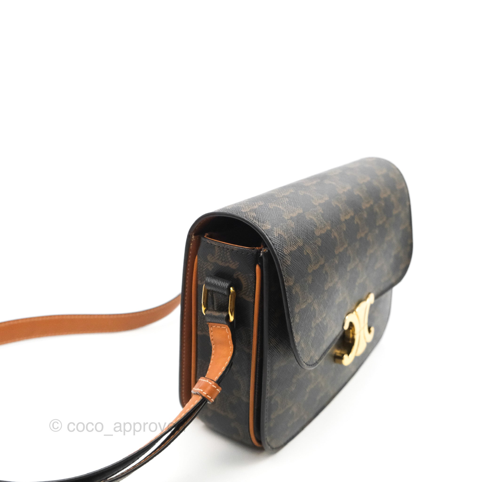 67133 auth CELINE tan leather & Triomphe canvas MEDIUM TAMBOUR Shoulder Bag