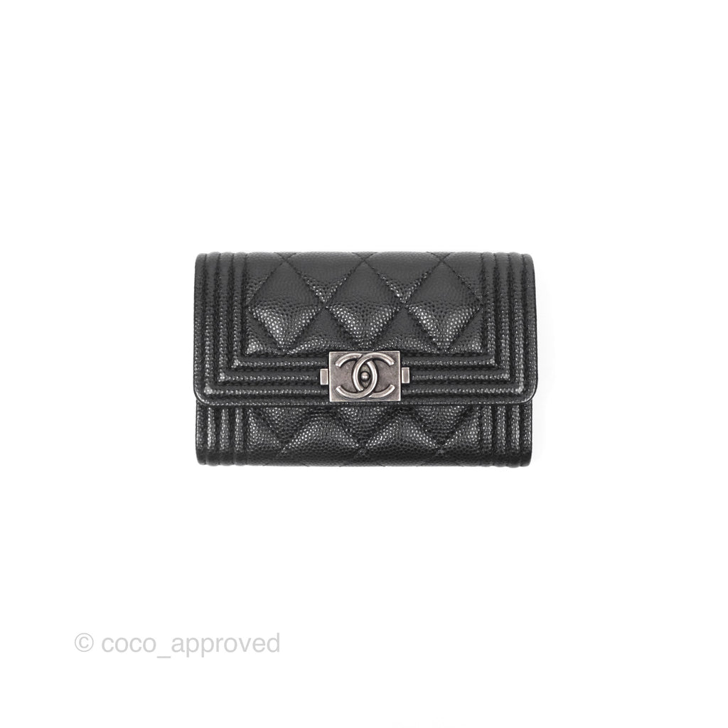 Chanel Quilted Boy Flap Card Holder Black Caviar Ruthenium Hardware