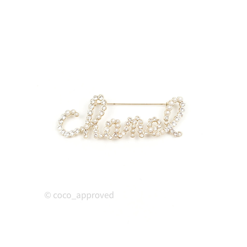 Chanel Logo Pearl Crystal Brooch Gold Tone 19K