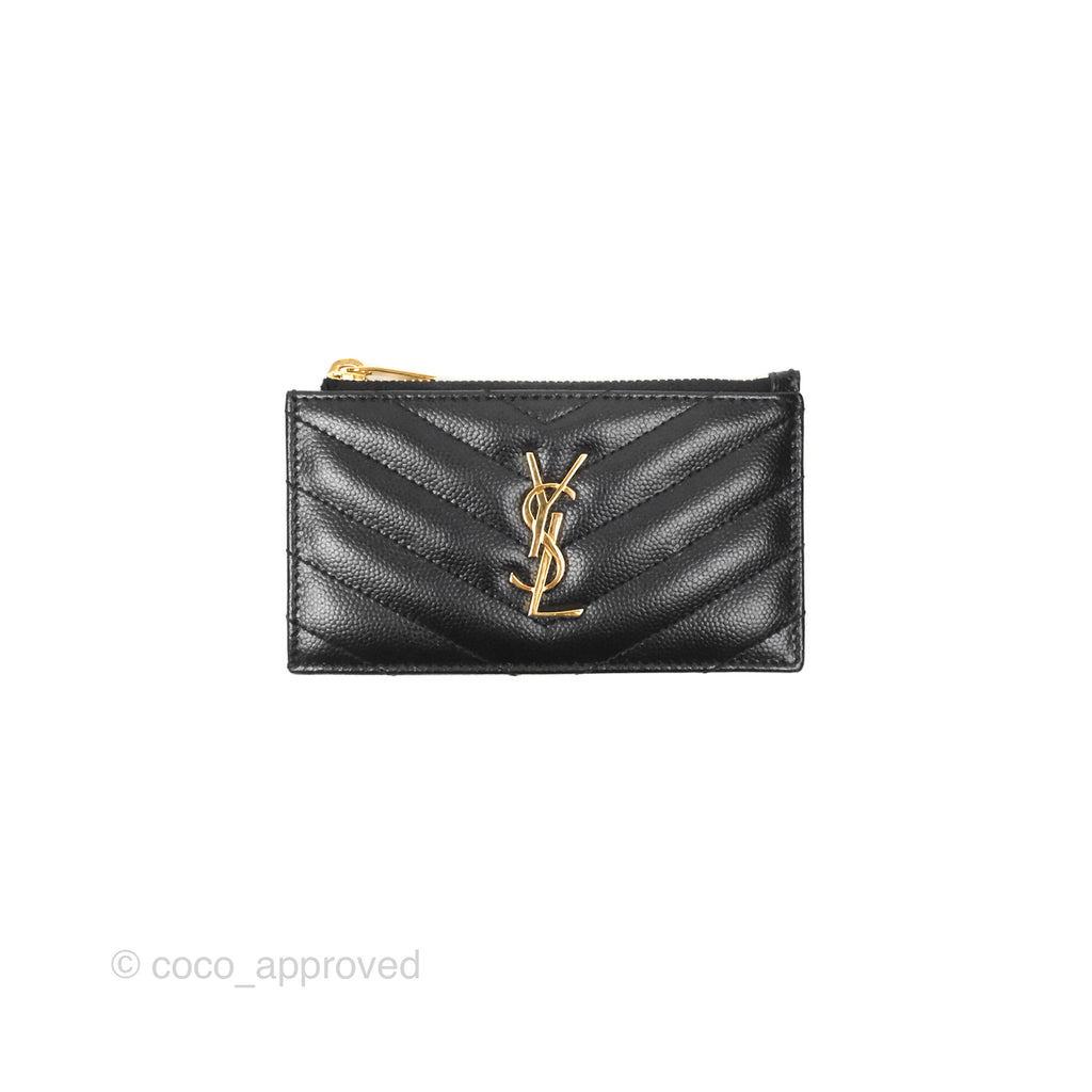 Saint Laurent Cassandre Matelasse Fragments Zipped Card Case Black Grain De Poudre